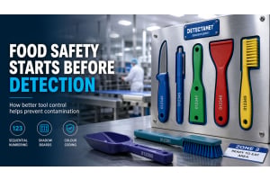 Outils de transformation alimentaire détectables par détecteur de métaux, numérotés séquentiellement, codés par couleur et organisés dans un environnement d'usine hygiénique.